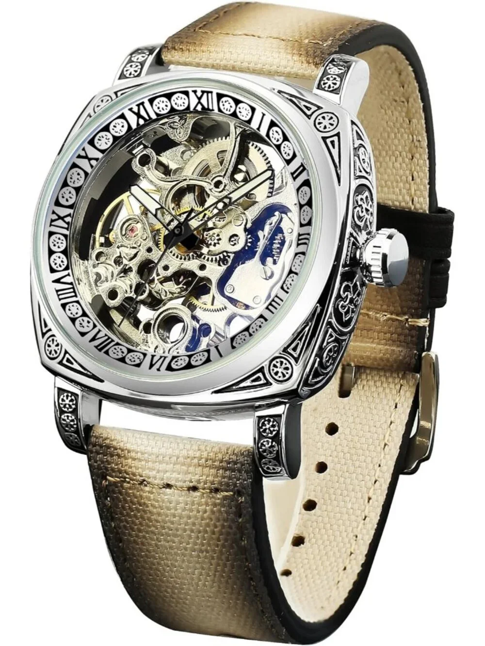 Men's Beige Brown Mechanical Leather Strap Self-Wind Carved Automatic Watch